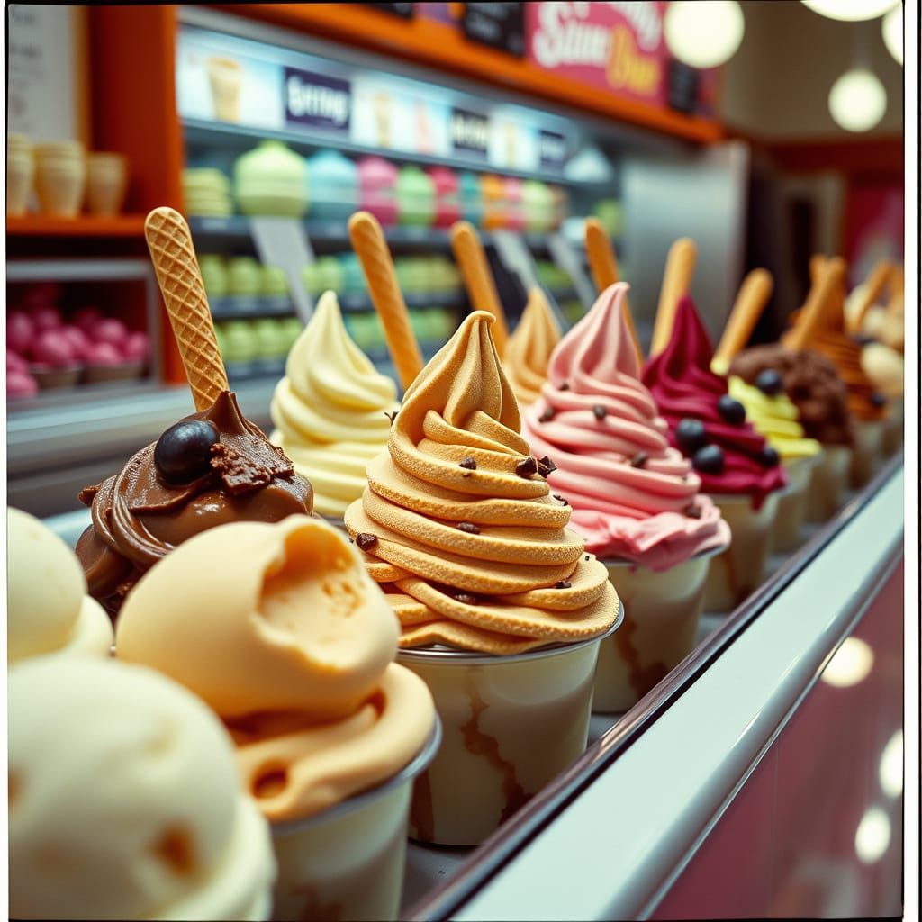 Vibrant Ice Cream Counter Display on 35mm Film
