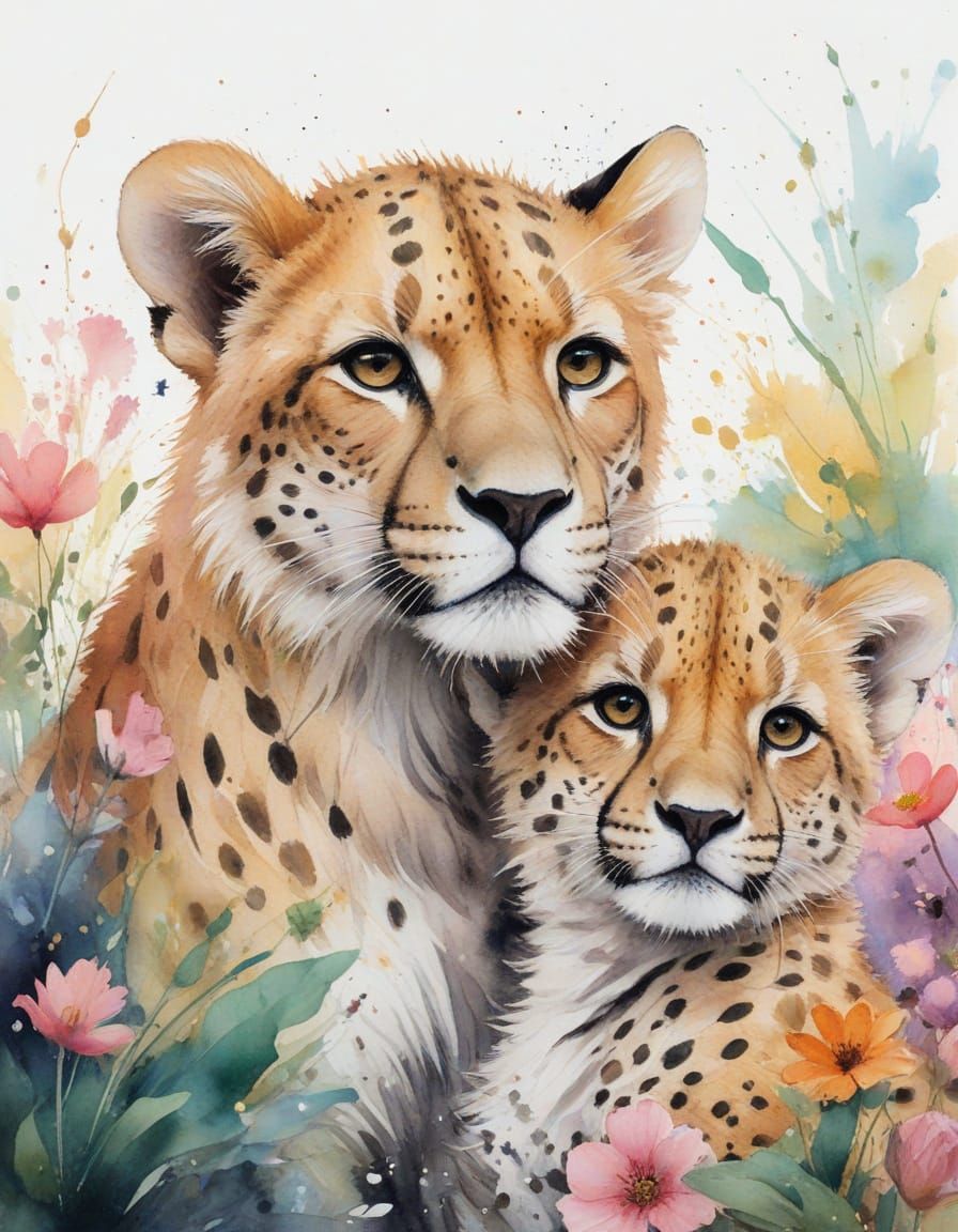 Whimsical Watercolor Masterpiece of Cheetah and Lion Cubs wi...
