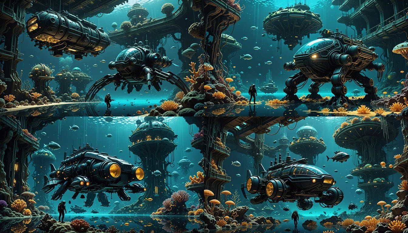 Diver Amidst Bioluminescent Metropolis with Marine Life