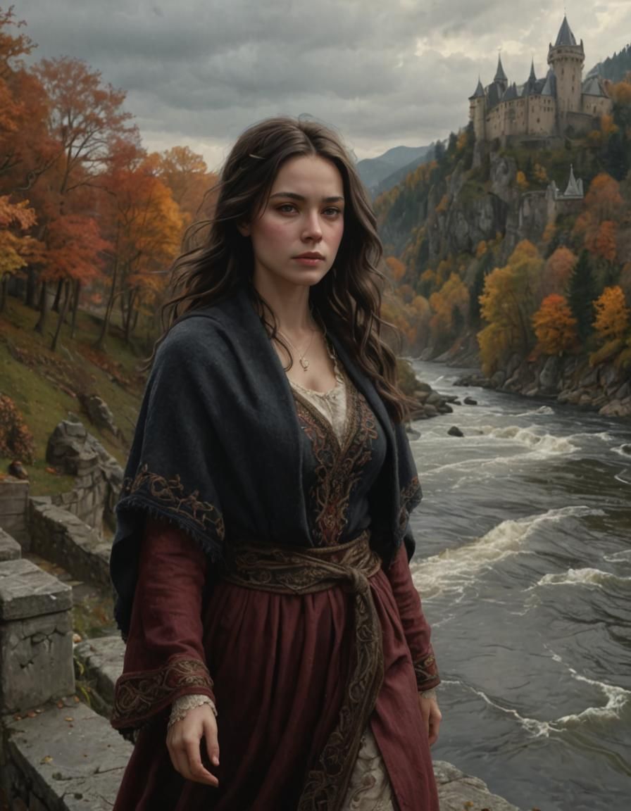 Renaissance Woman on Castle Battlements in Autumn