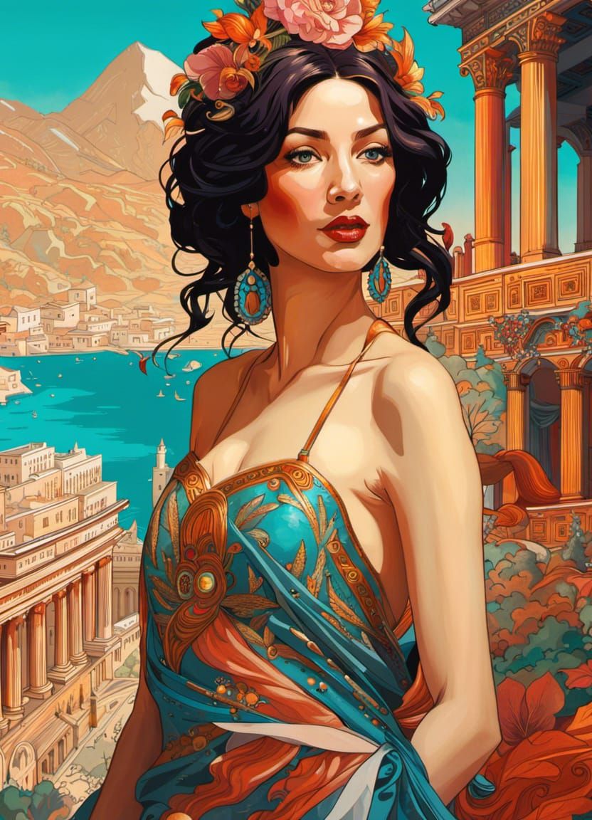 Hyperrealistic Portrait of Megara in Greek Palace