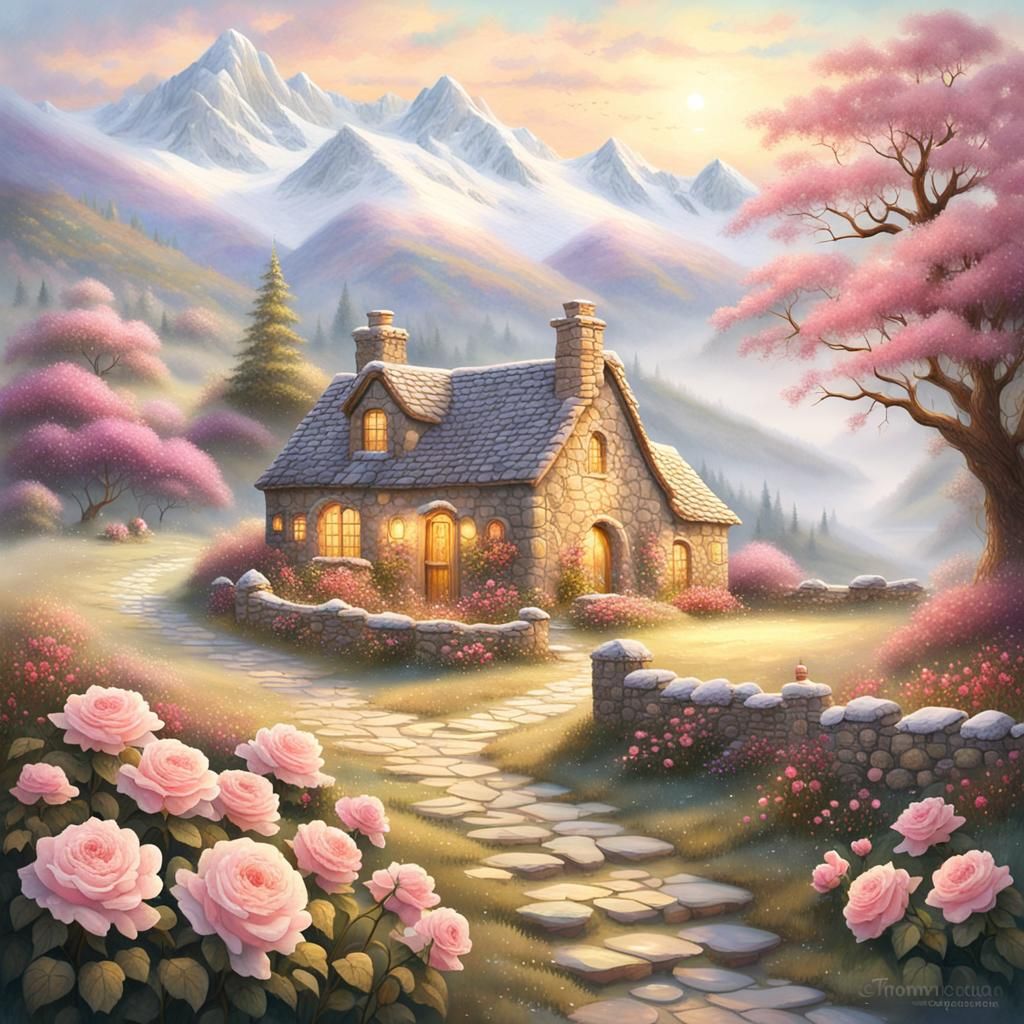Romantic Valley Scene in Soft Watercolor Style