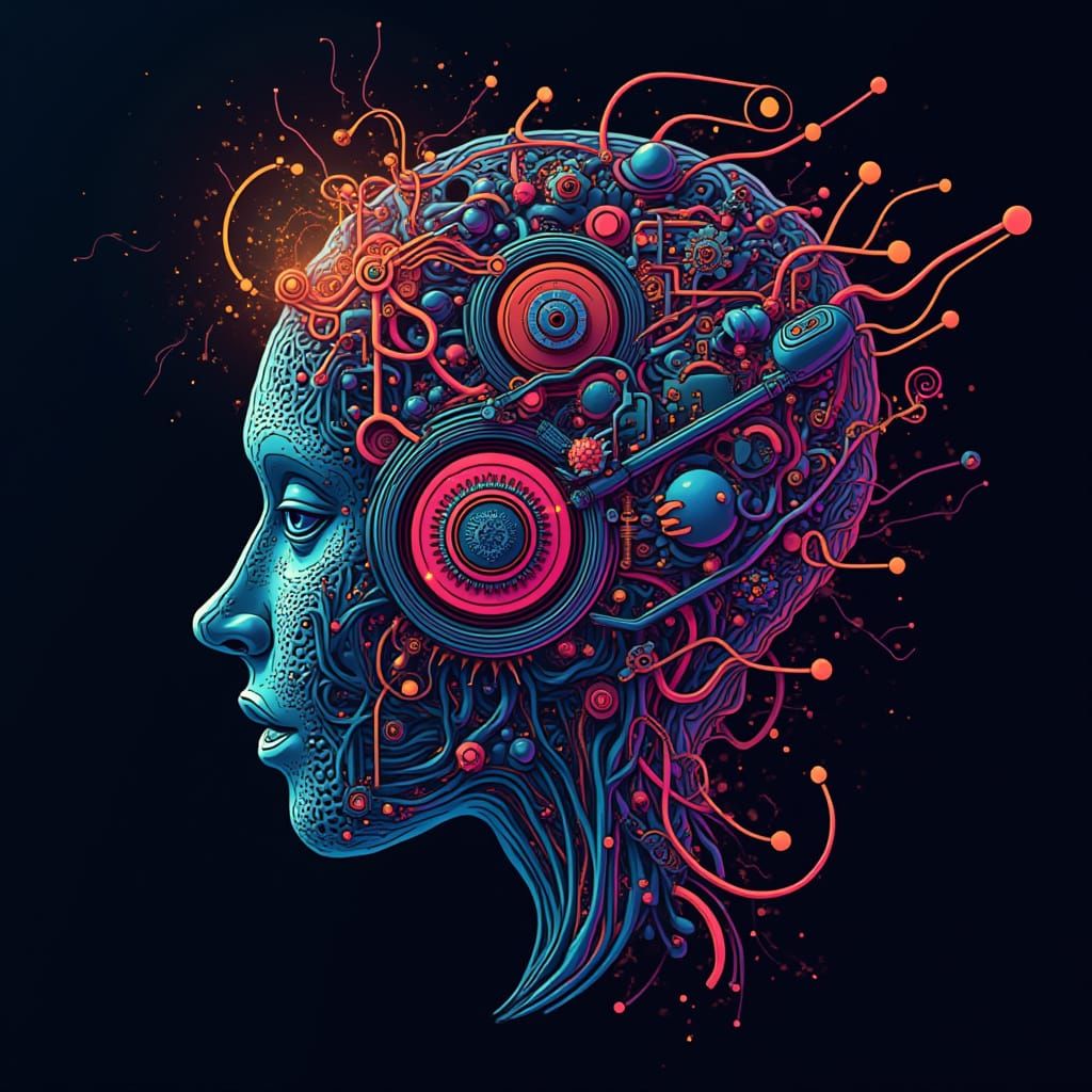 Futuristic Logo of Human-Machine Harmony in Neon Gradients