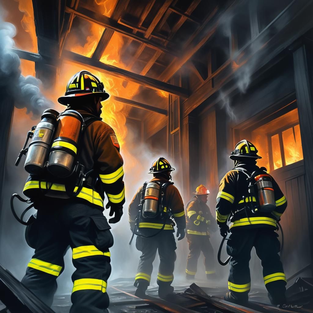 Firefighters in Smoky Building: Dark Fantasy Concept Art