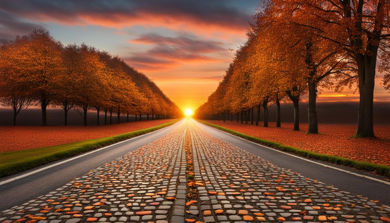 Autumn Lane Cobblestone Path Sunset View
