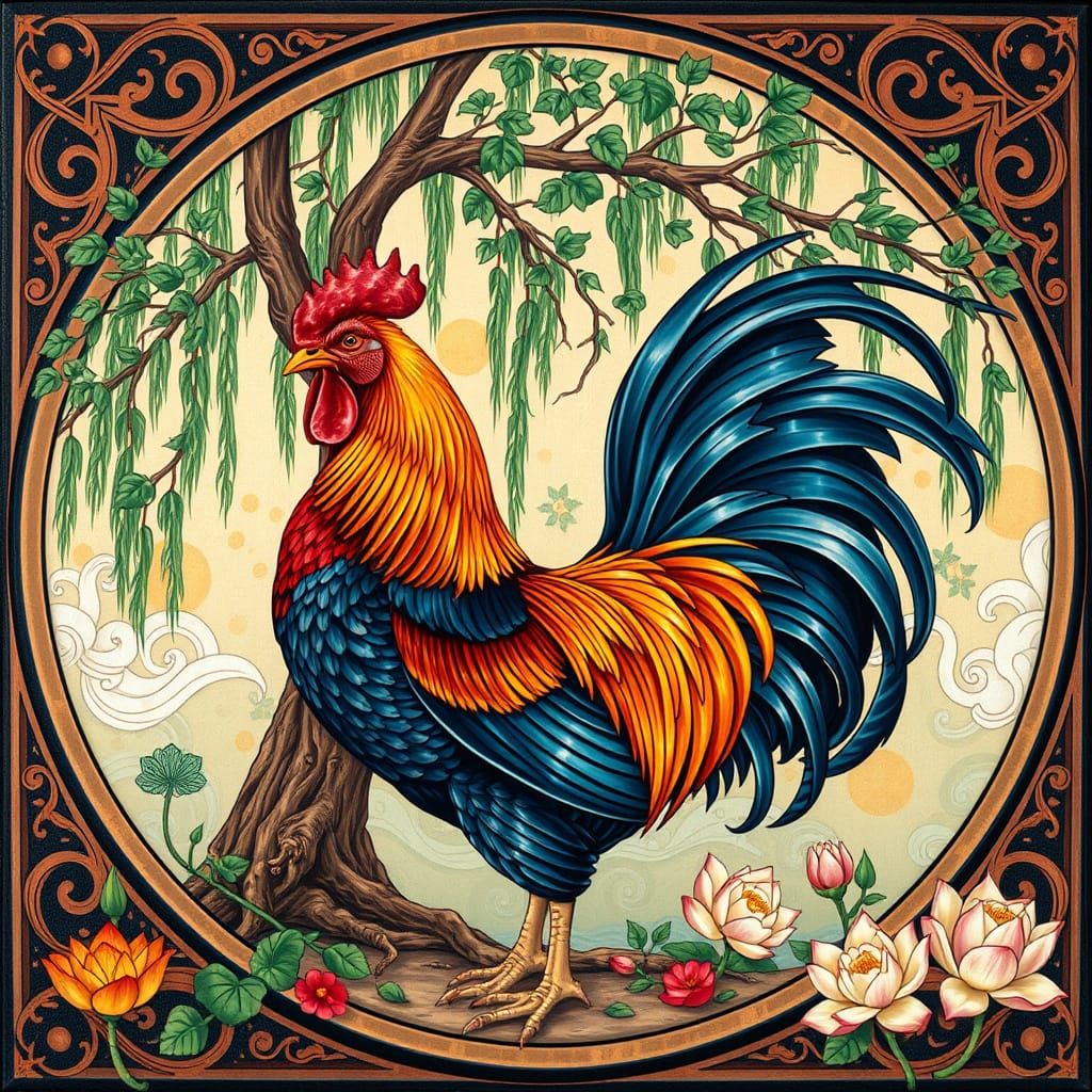 Colorful Chicken Logo Under Willow Tree in Art Nouveau Style