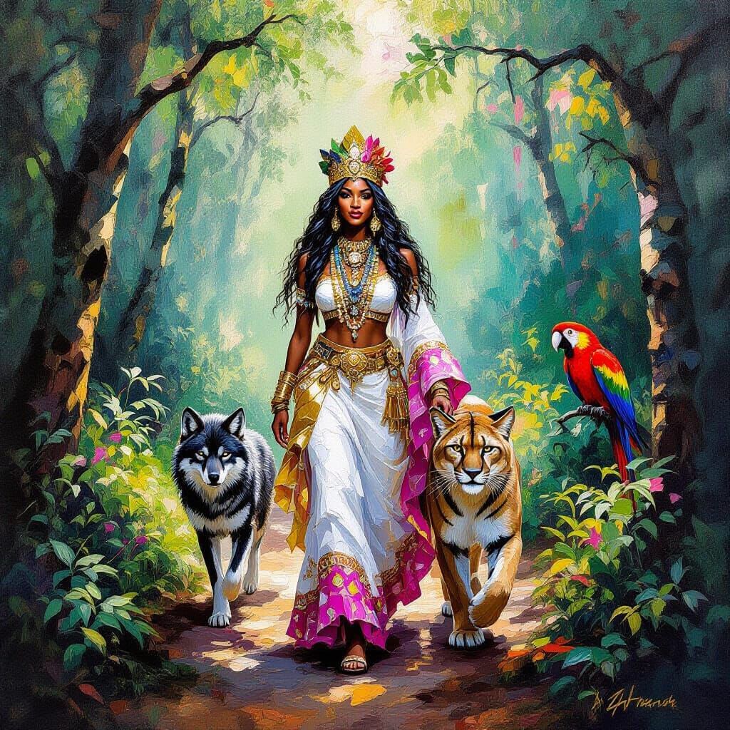 Voodoo Priestess with Mountain Lion and Wolf in Forest