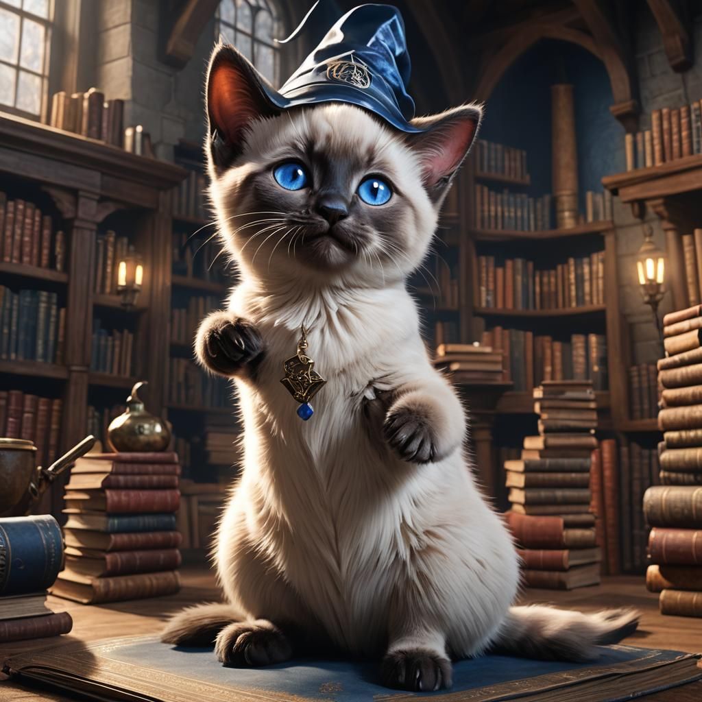 Siamese Kitten Witch at Hogwarts, Hyperrealistic Art