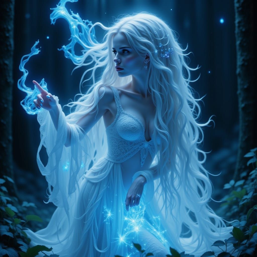 Terrifying Beauty in Glowing Dress with Plasma Hand