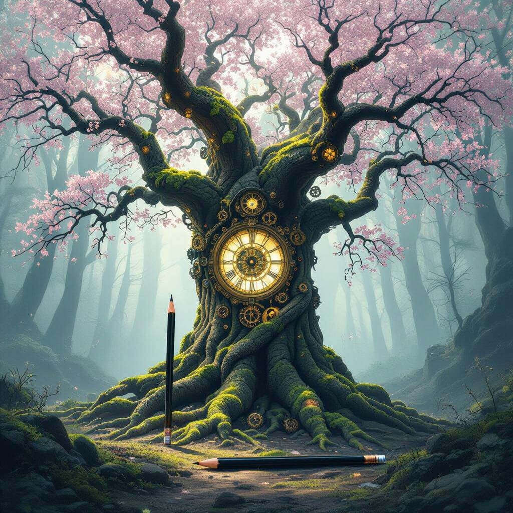 Ancient Sakura Tree With Clockwork Roots in Misty Forest