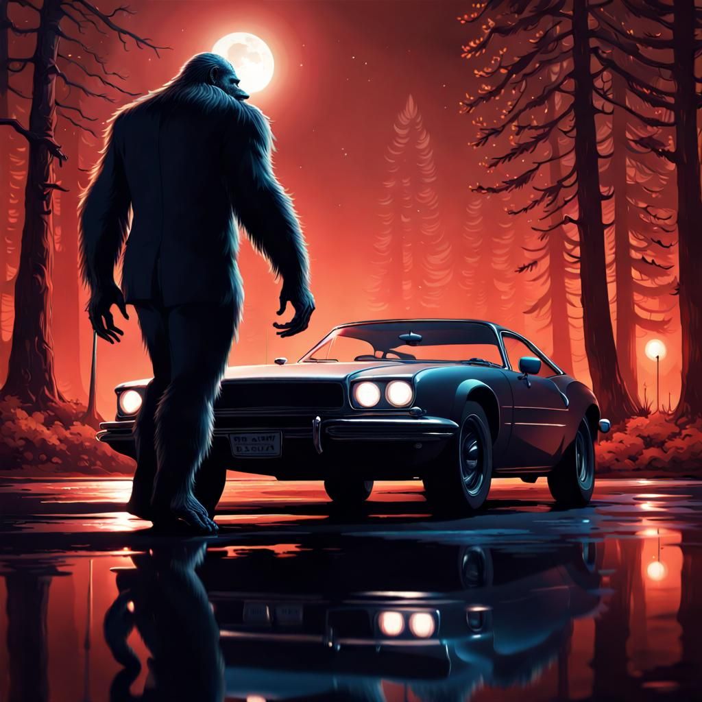 Sasquatch in Suit with Car, Digital Illustration