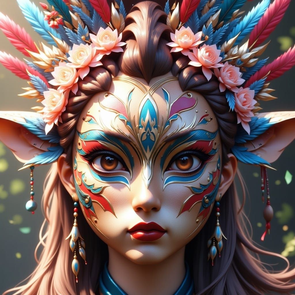 Feathered Wooden Mask in 3D Anime Style