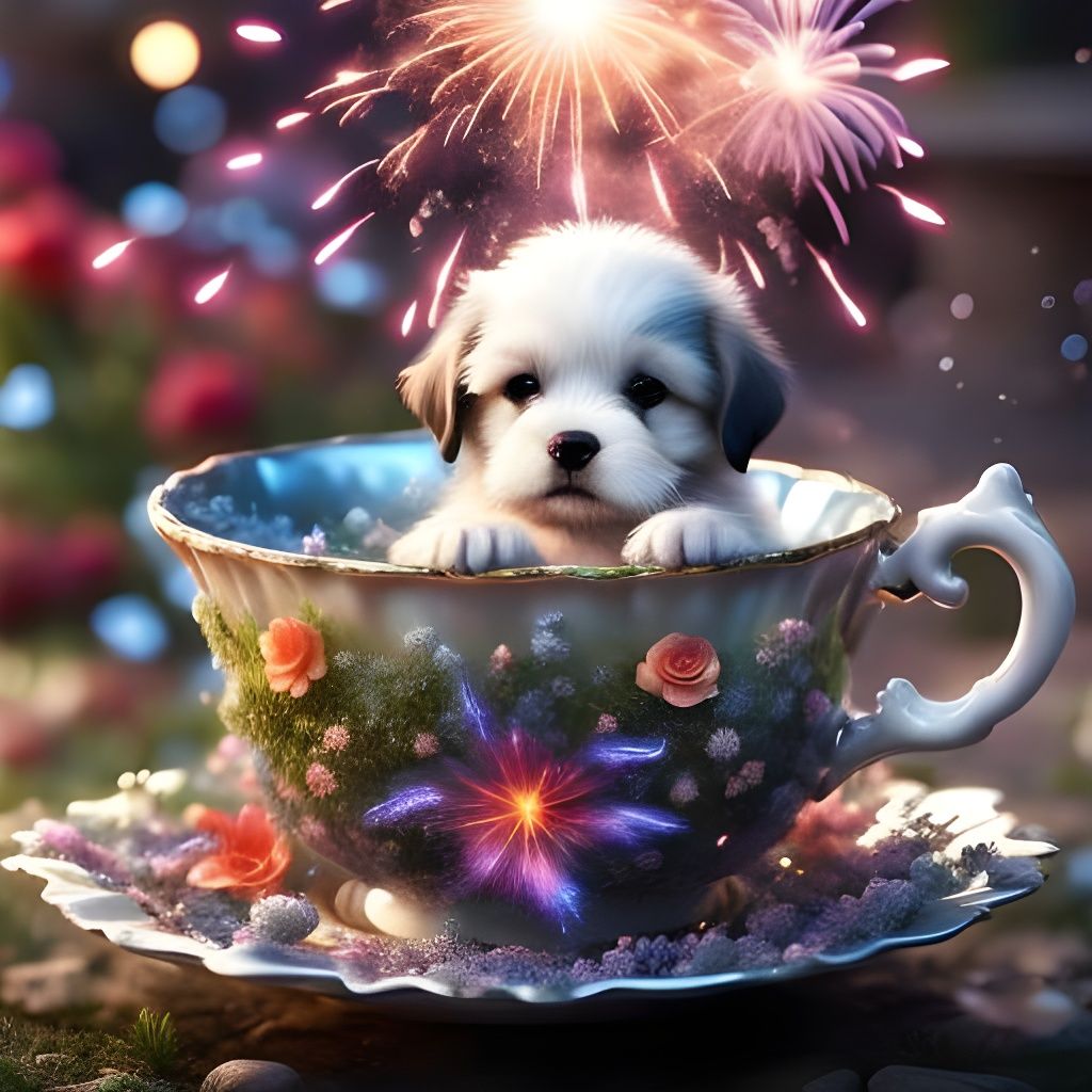 Puppy in Teacup with Fireworks and Flowers