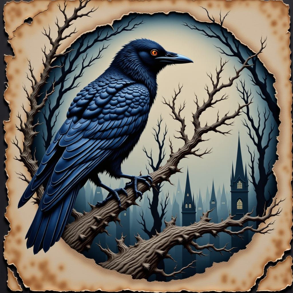 Mysterious Watercolor Raven in Haunted Forest
