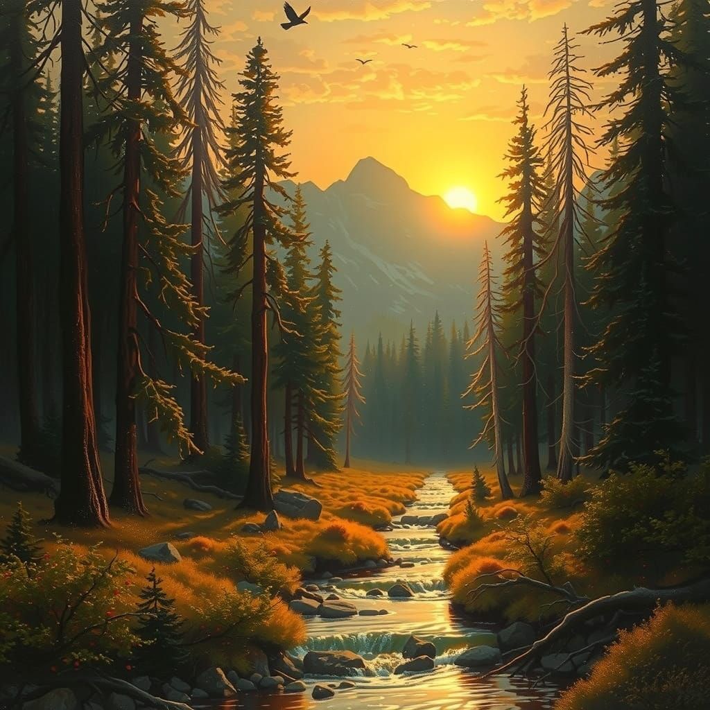 Misty Night Forest Stream in Atmospheric Style