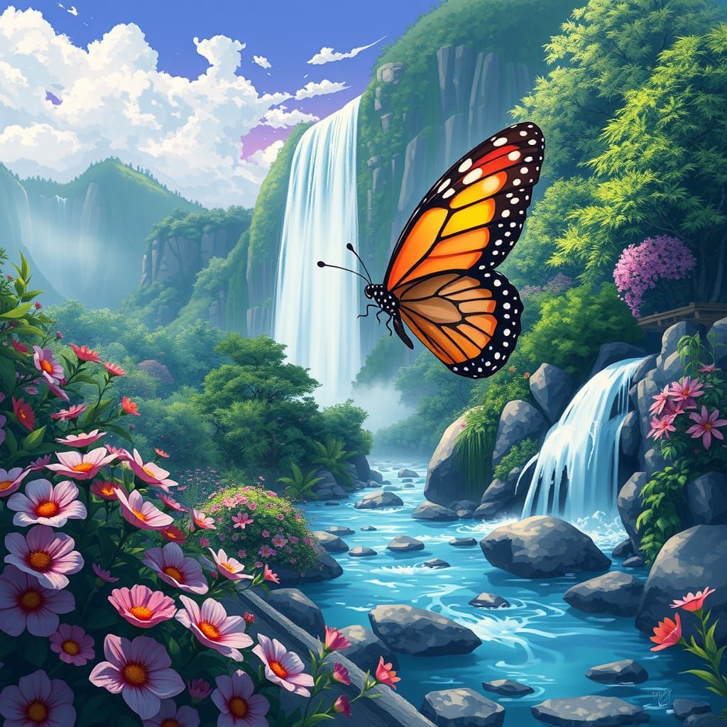 Butterfly in Manga Garden with Waterfall