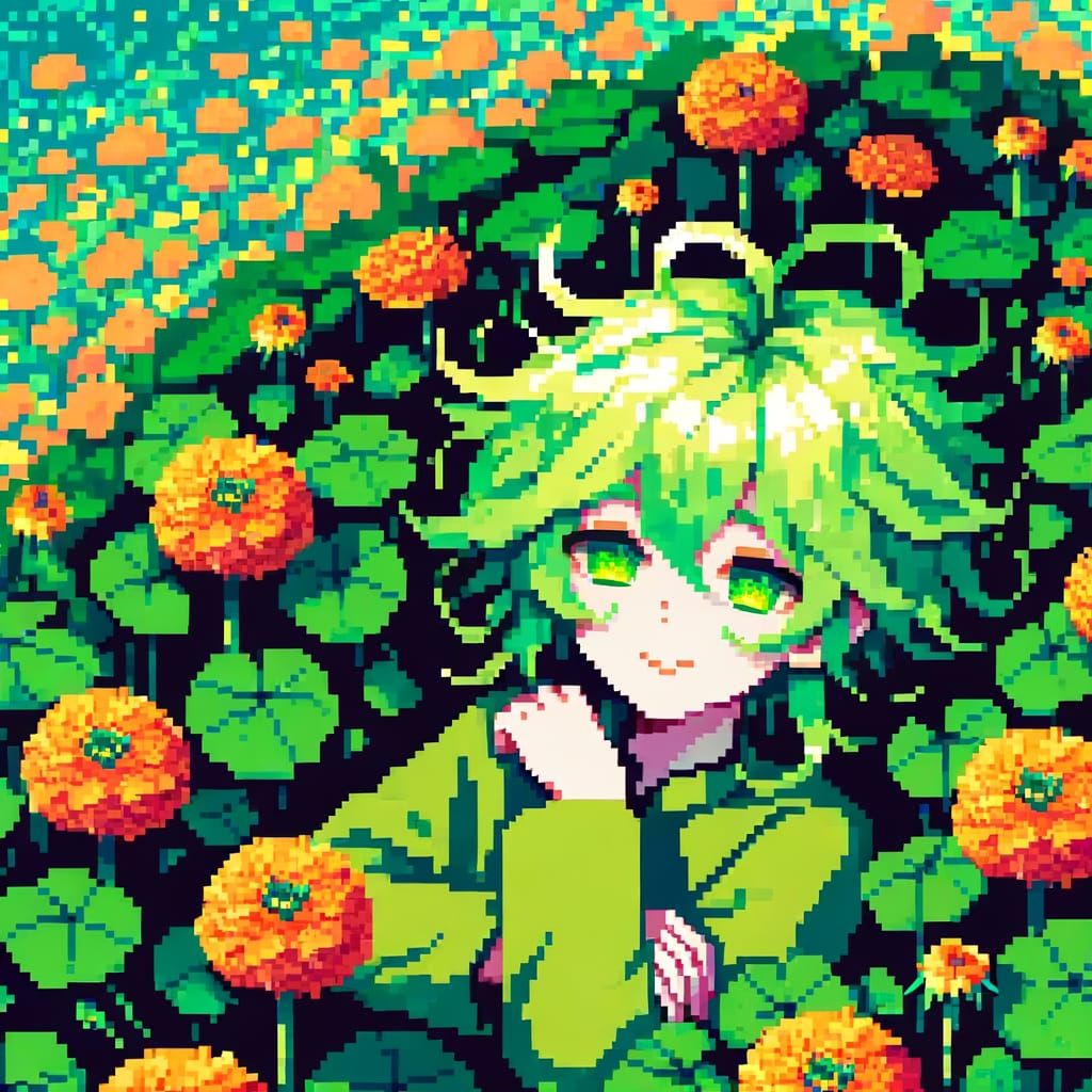 Tranquil Anime Dryad Girl Surrounded by Vibrant Nasturtiums ...