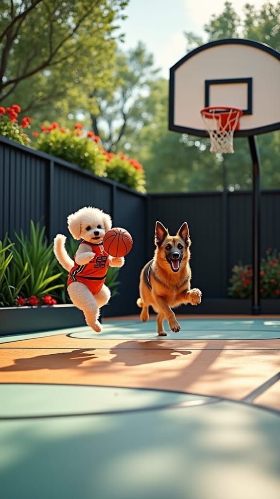 Dogs Playing Basketball in Modern Backyard, Lively Scene