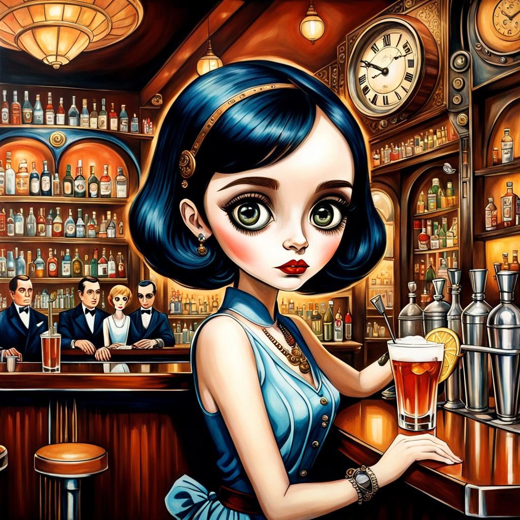 Woman Bartender in Art Deco Steampunk Style