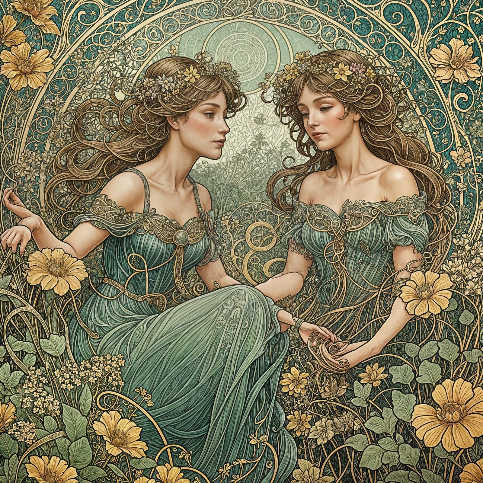 Blooming Garden: An Art Nouveau Illustration