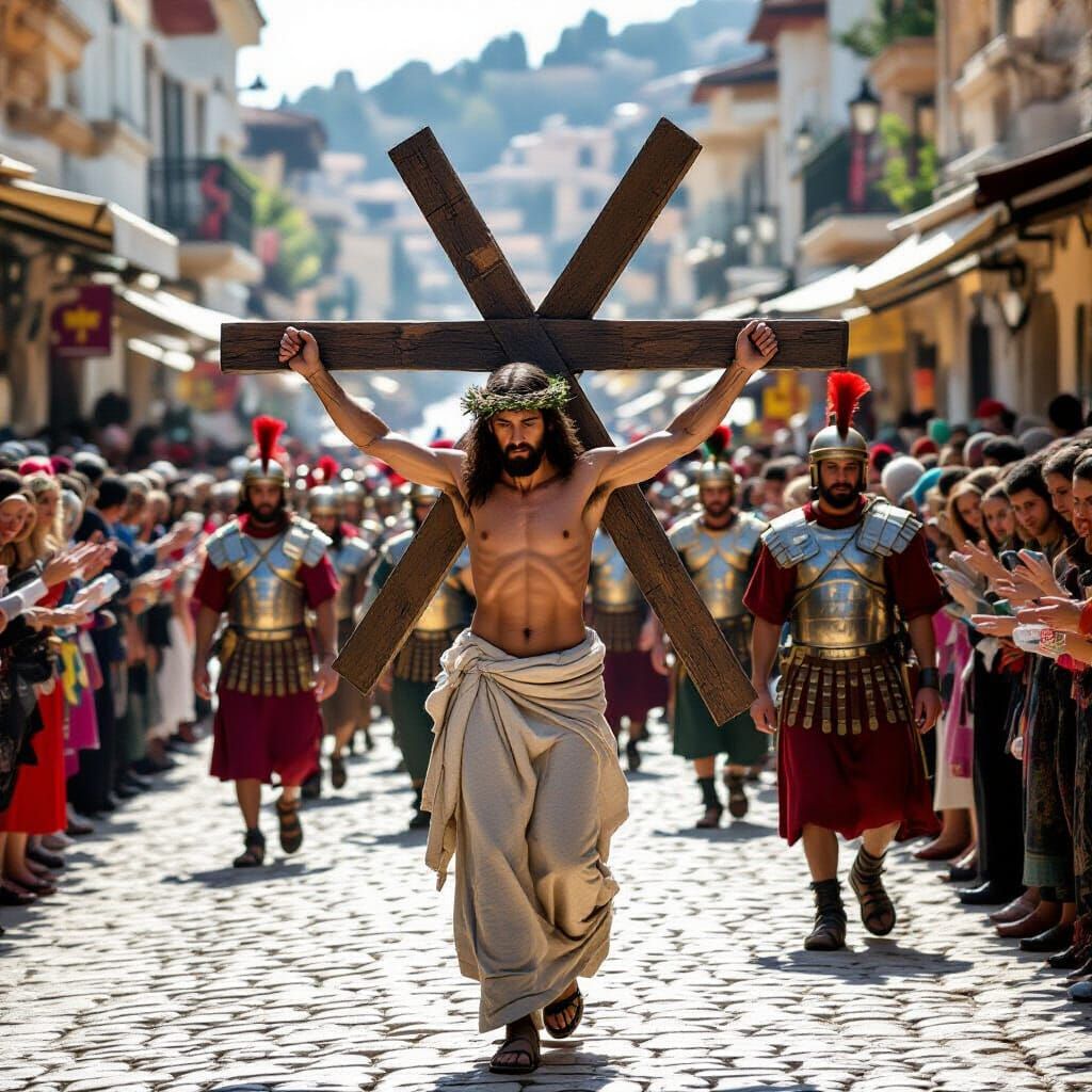Jesus Carries the Cross Through Jerusalem