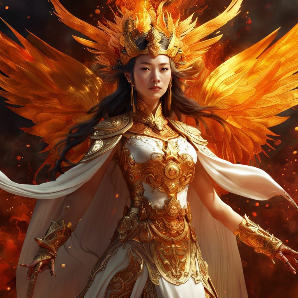 Fiery Chinese Goddess of War in Gold