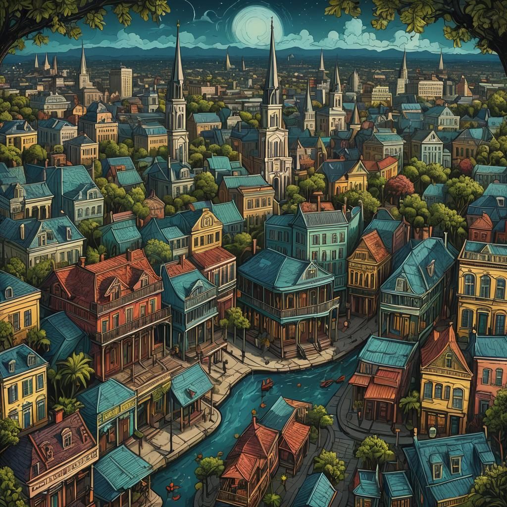 New Orleans Linocut: Detailed Matte Painting in Deep Color