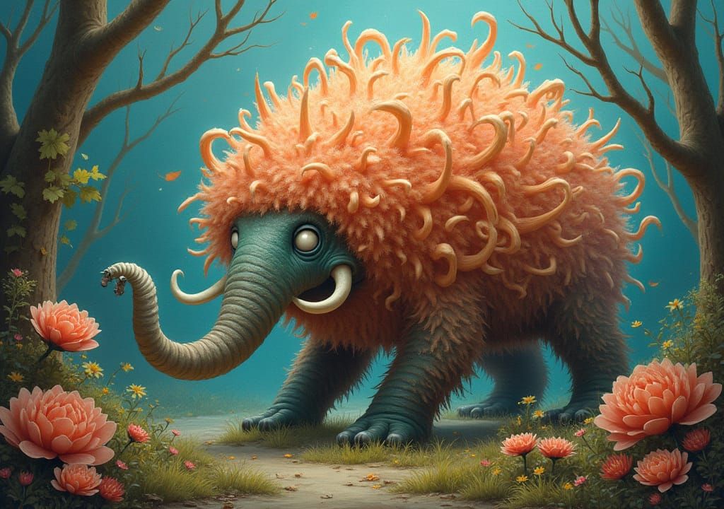 Whimsical Hybrid Fauna and Flora in Playful Scene