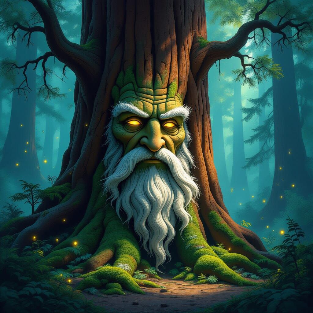 Ancient Redwood Tree Spirit in Mystical Forest