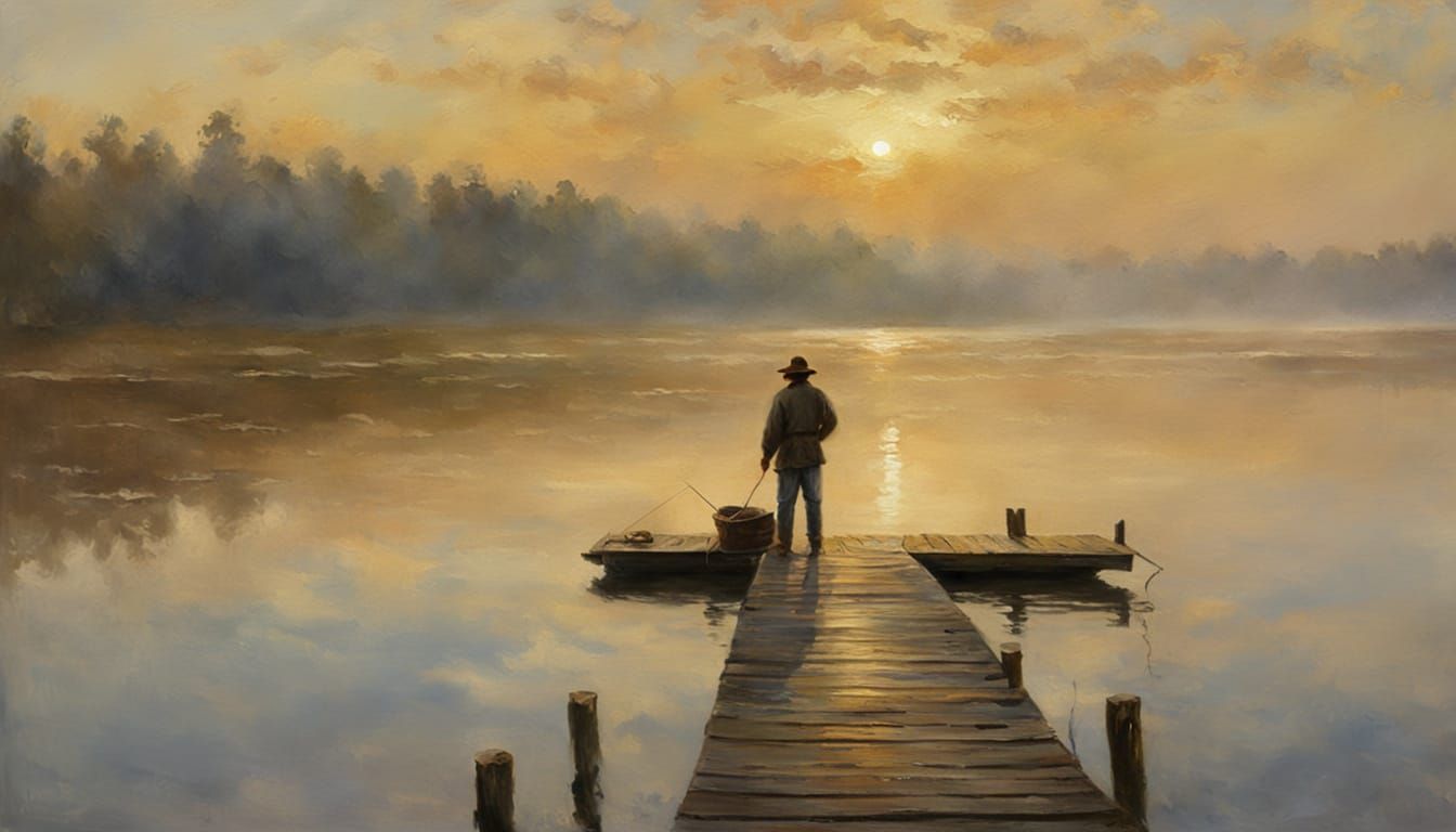 Impressionist Fisherman on Misty Lake at Dawn
