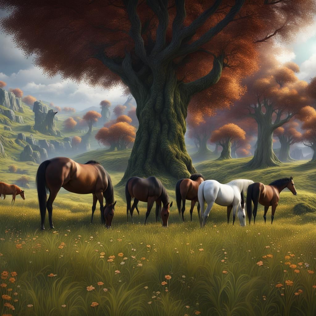 Horses Grazing in a Beautiful Grassy Meadow