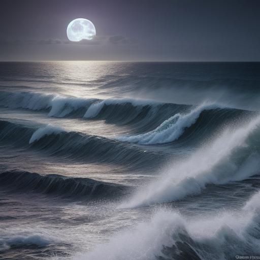 Moonlit Ocean Waves Crashing on Rocky Shoreline at Night