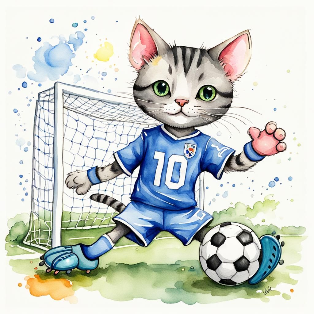 Anthropomorphic Cat Scores Goal in Watercolor Painting