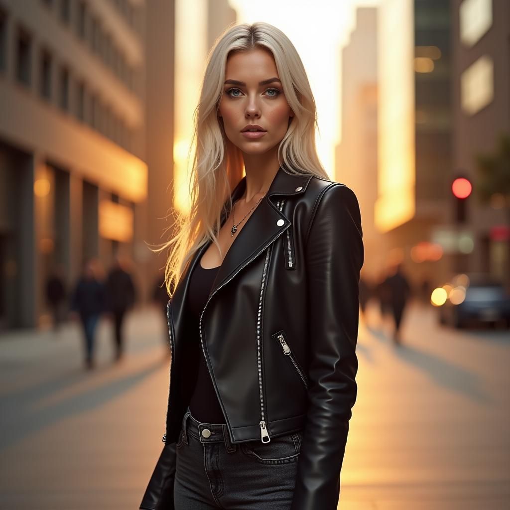 Photorealistic Woman in City Street at Sunset