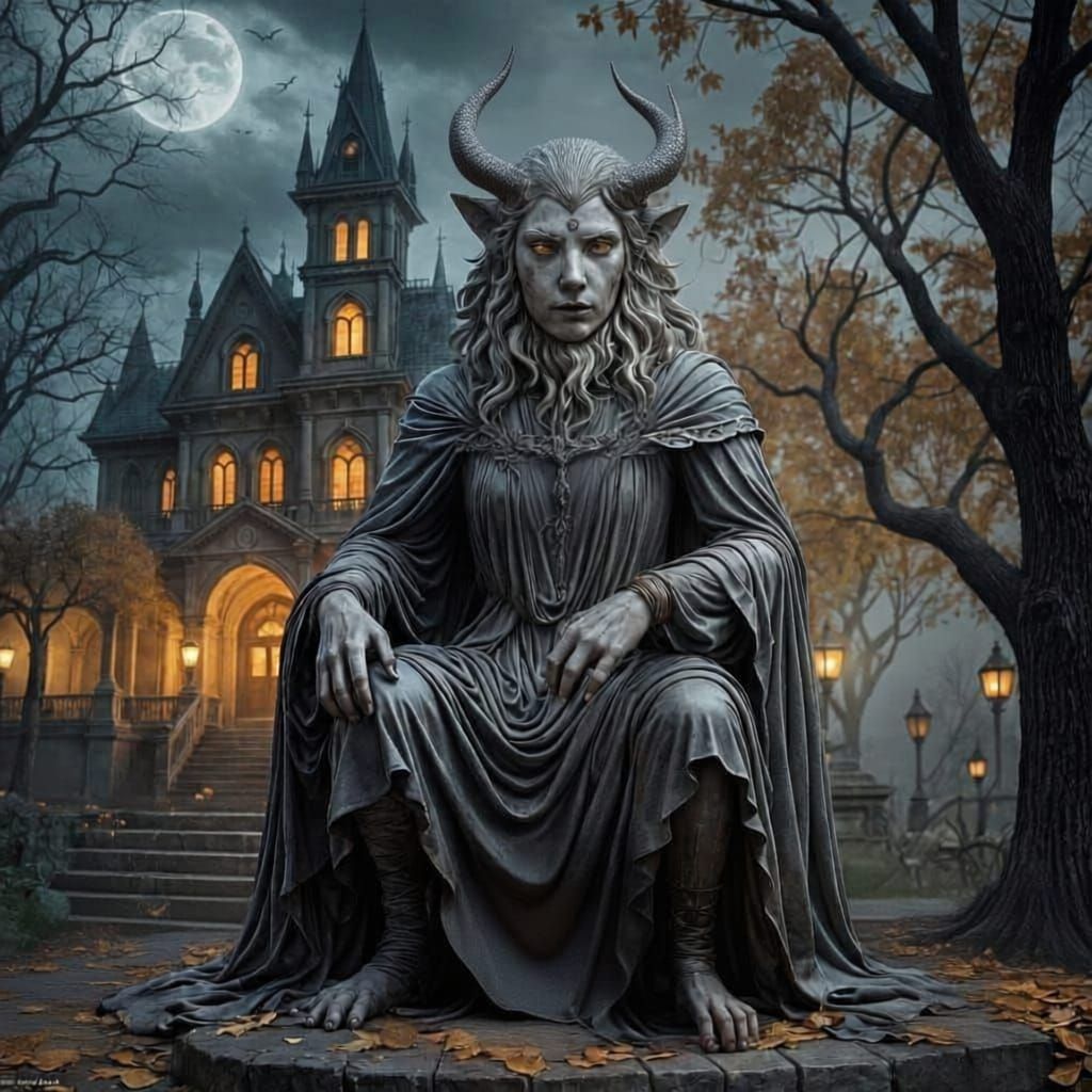 Regal Mythical Beast Statue Crowned with Jack-o'-Lanterns