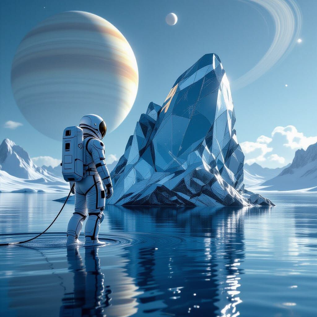 Astronaut Tethered to Crystalline Island Near Saturn