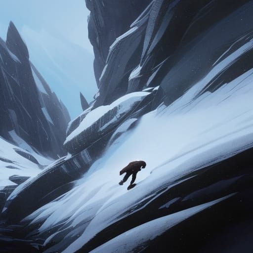 Man's Shadow Falls from Snowy Cliff: Dark Fantasy Art