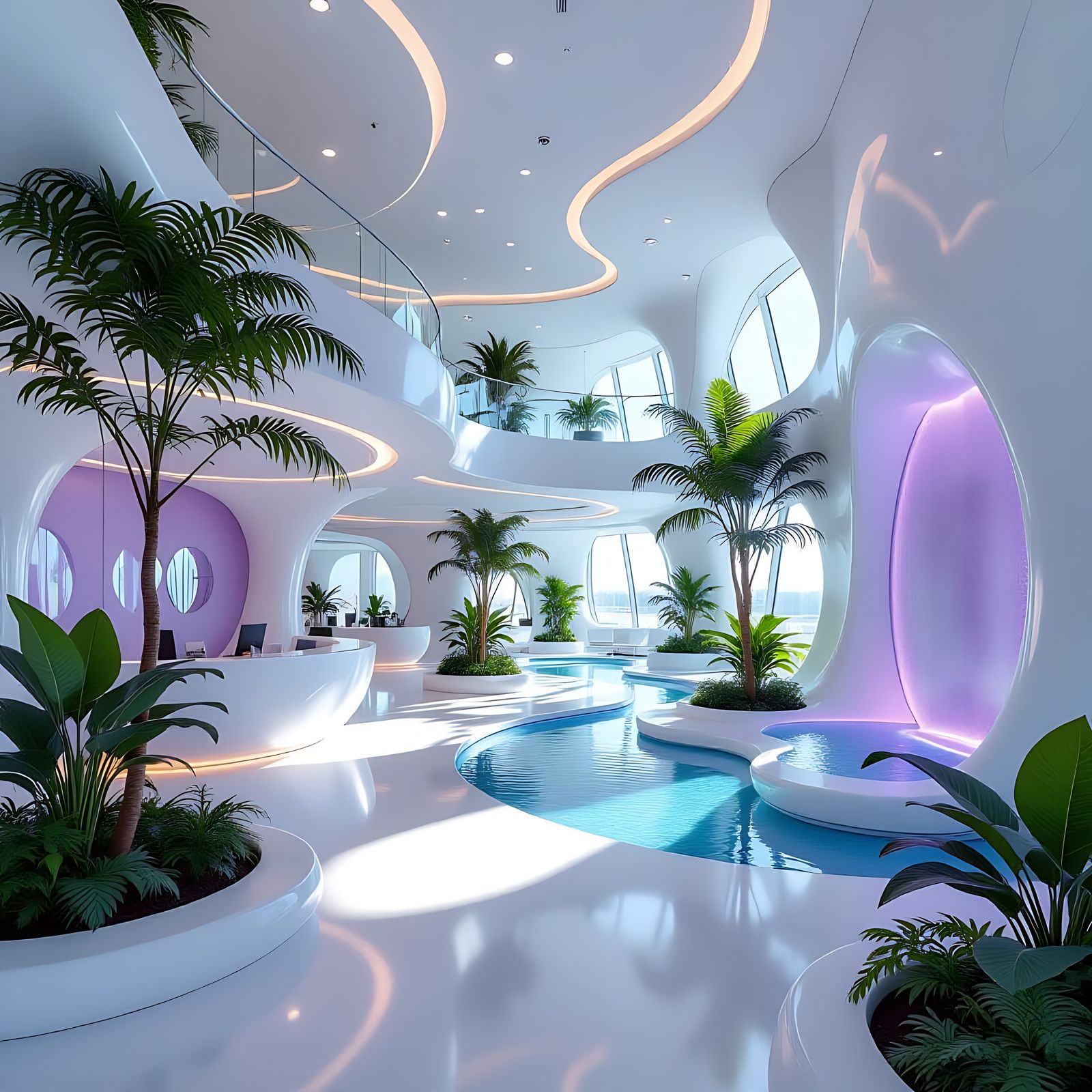 Frutiger-Aero Office with White and Purple Decor