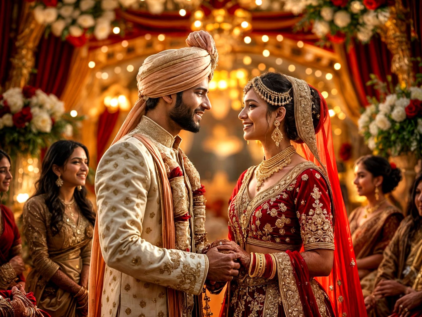 Romantic Indian Wedding Moment in Vibrant Red and Gold