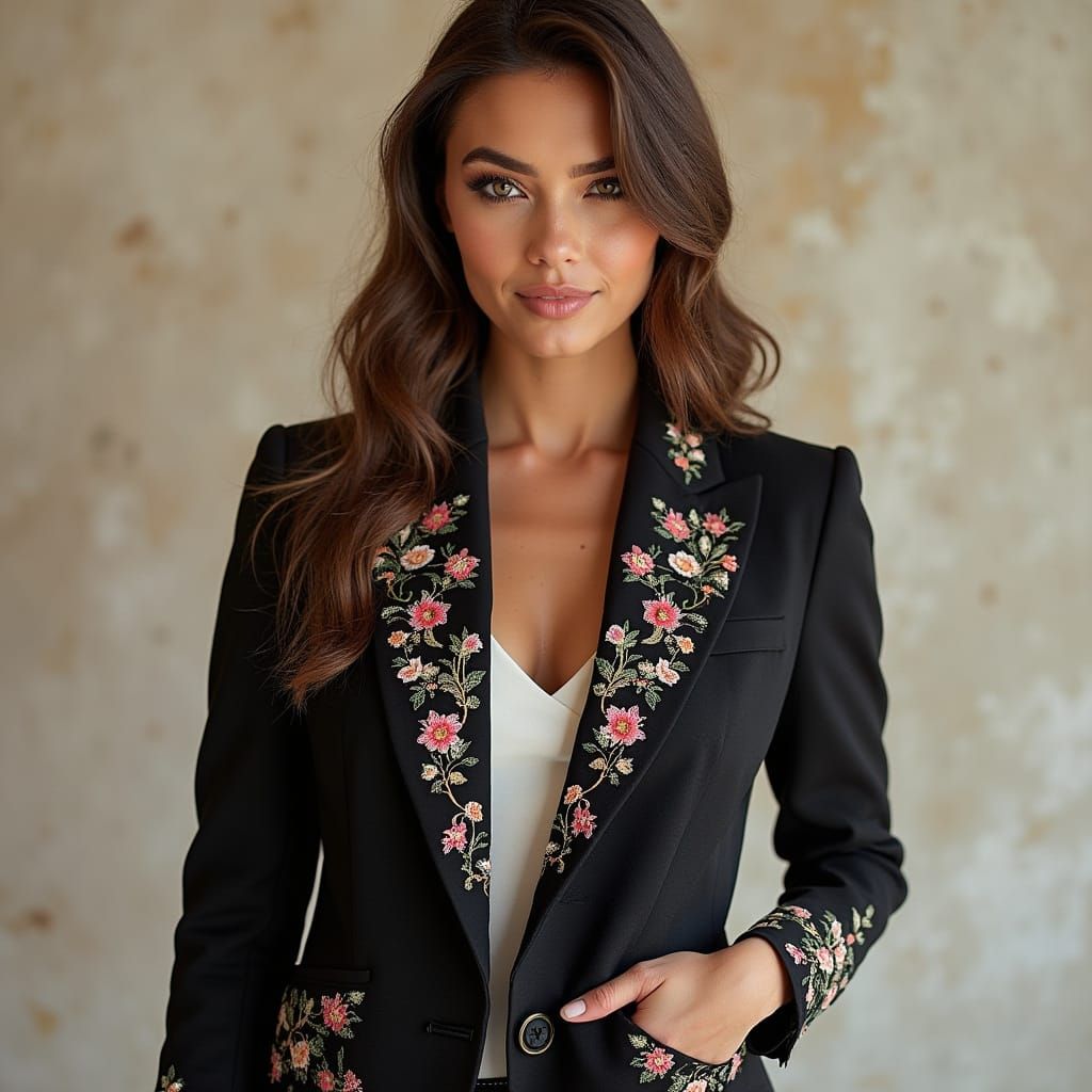 Sophisticated Blazer-Inspired Ensemble with Floral Embellish...