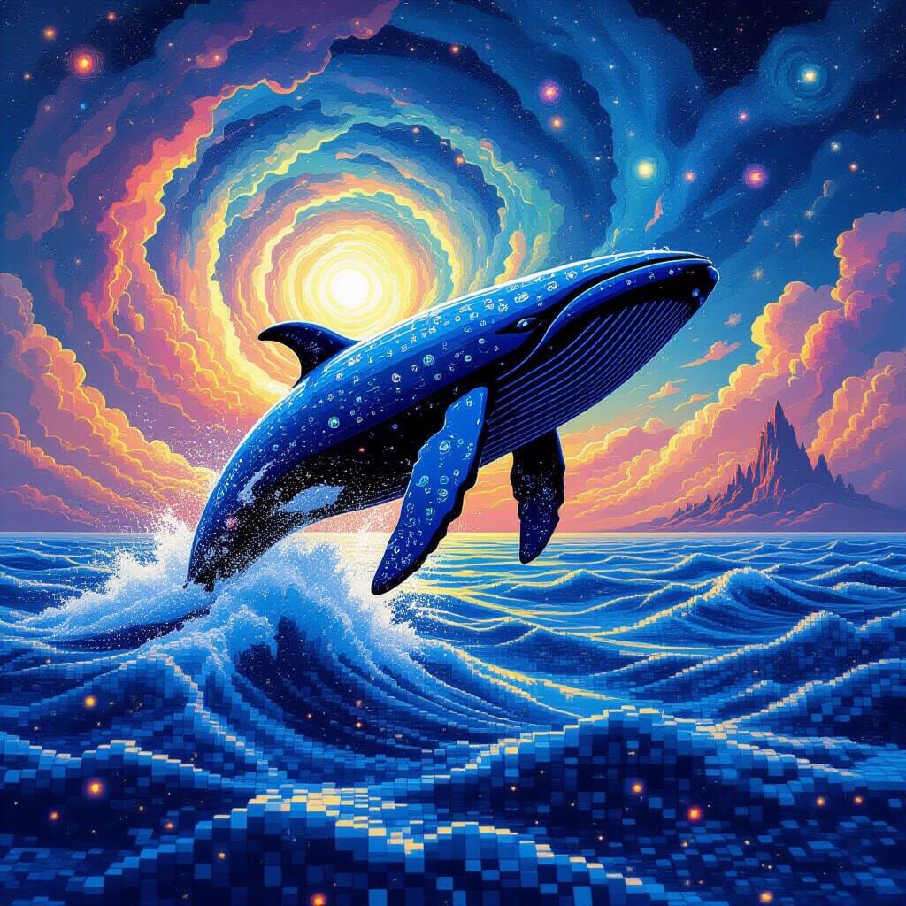Whale Breaching Cloud Sea with Glowing Runes
