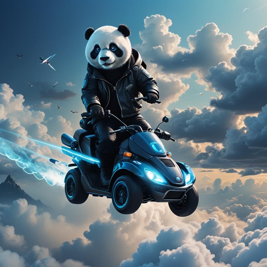 Blue Panda Bear Rides Neon Flying Car