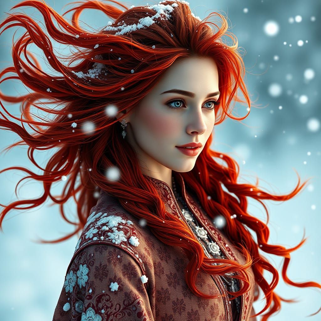Beautiful woman with red long hair twirling in snow dance.