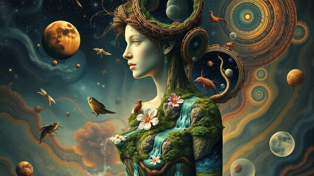 Bio-Art Woman: Interconnected Ecosystems in Surreal Collage