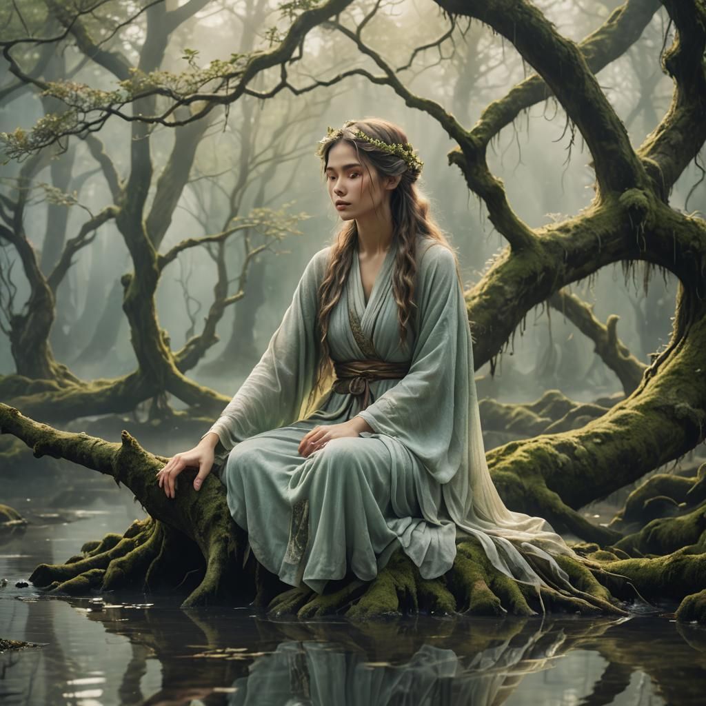 Serene Woman in Ethereal Forest: Fantasy Concept Art