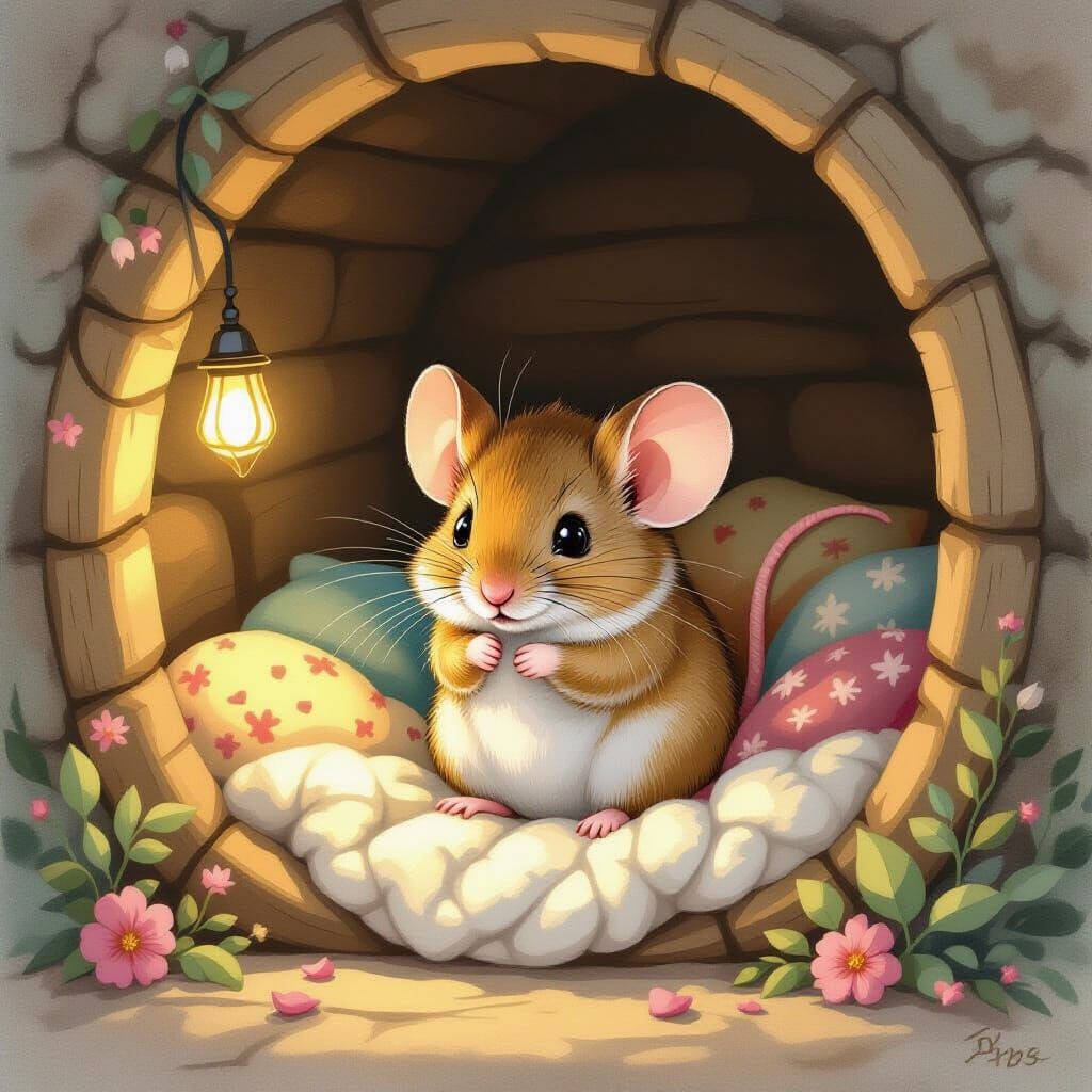 Timid Mouse in Cozy Nook: Watercolor Illustration
