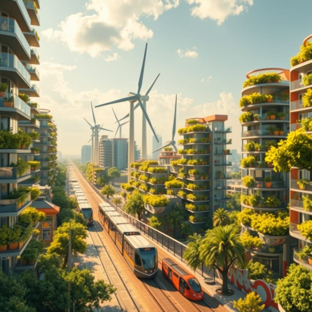 Sleek Futuristic Village with Helical Wind Turbines and Vert...