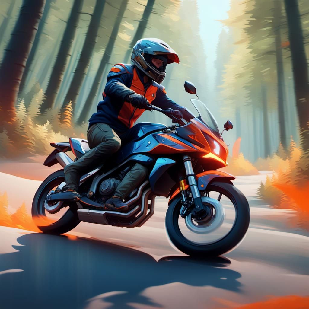 Motorcycle Ride Through Mystical Forest as Oil Painting