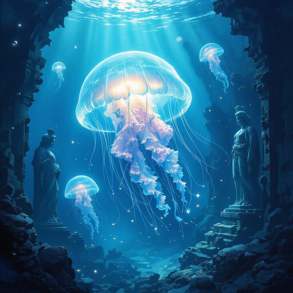 Bioluminescent Jellyfish Drifting Through Sunken City Ruins