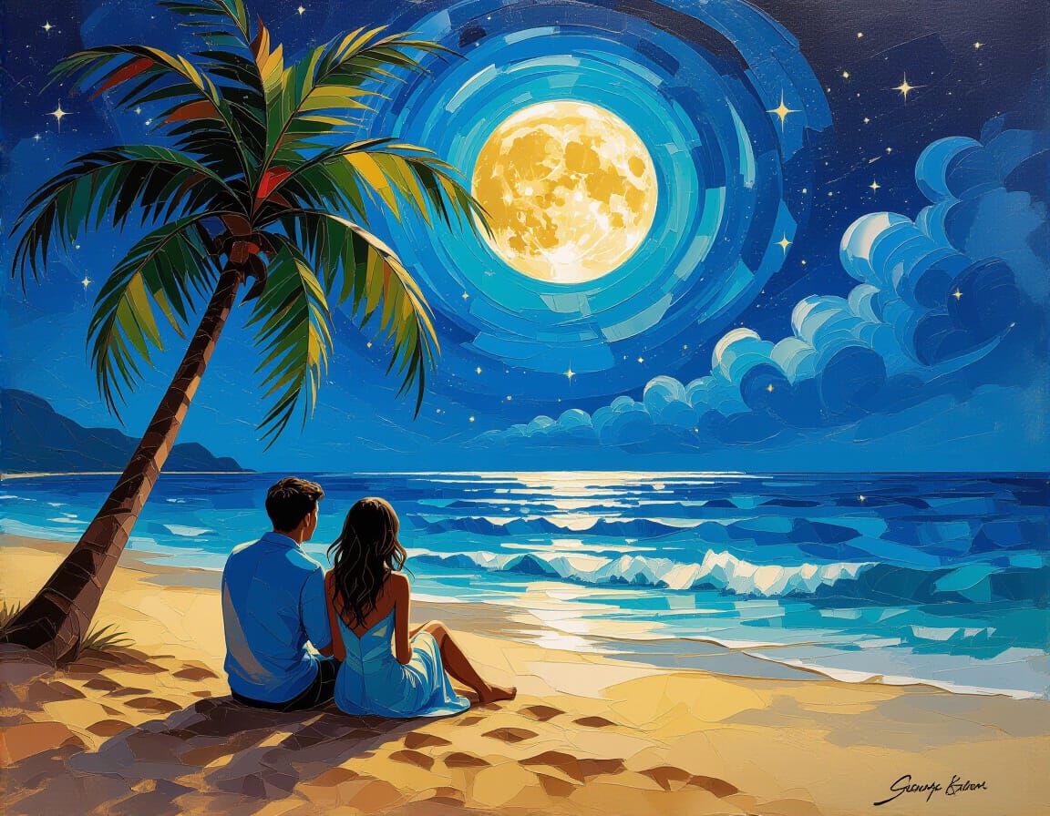 Moonlit Beach Couple: Expressionist Digital Painting